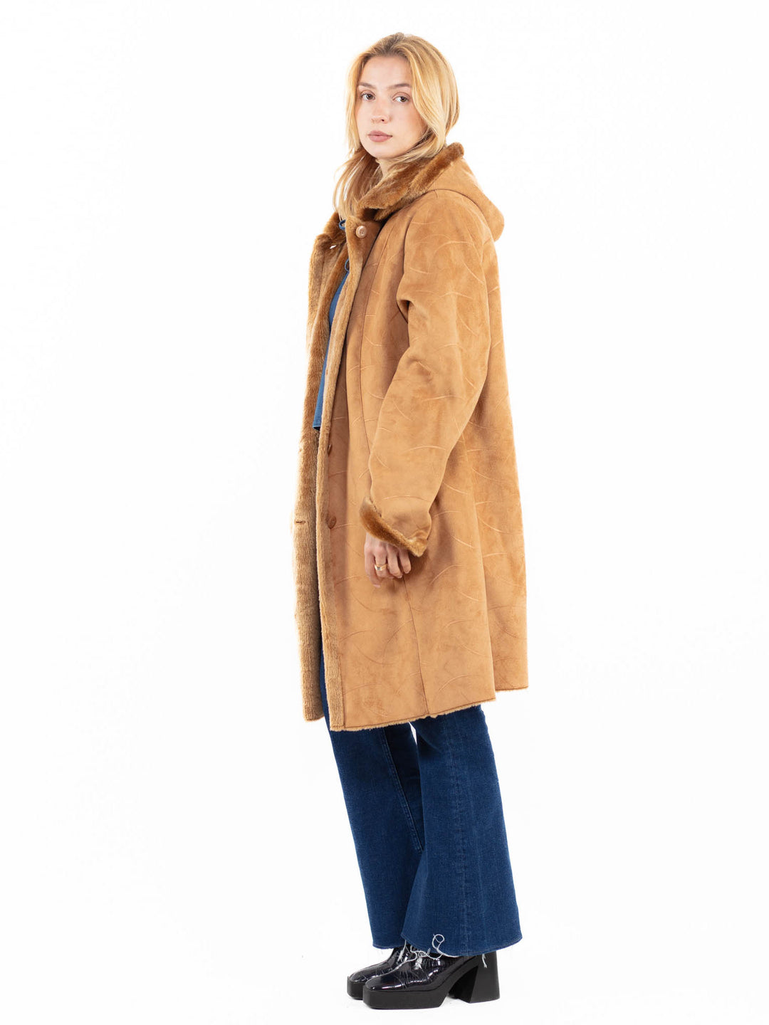 Vintage 90's Women Faux Sheepskin Coat in BeigeA0114