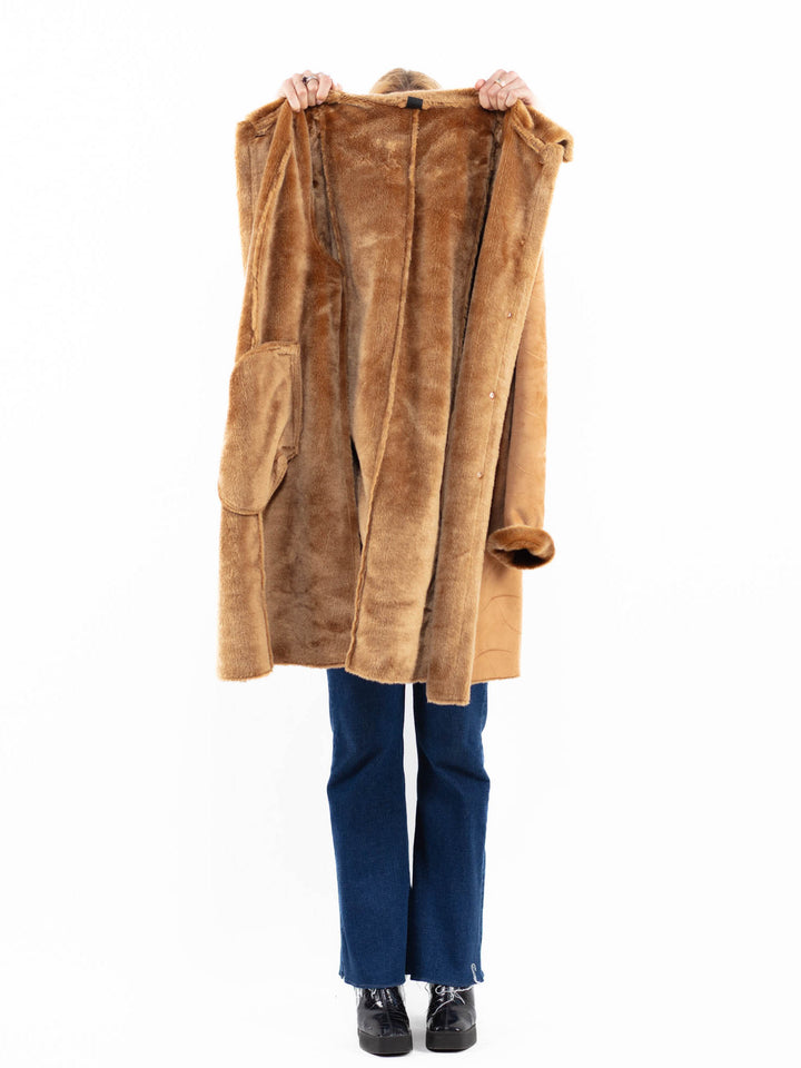 Vintage 90's Women Faux Sheepskin Coat in BeigeA0114