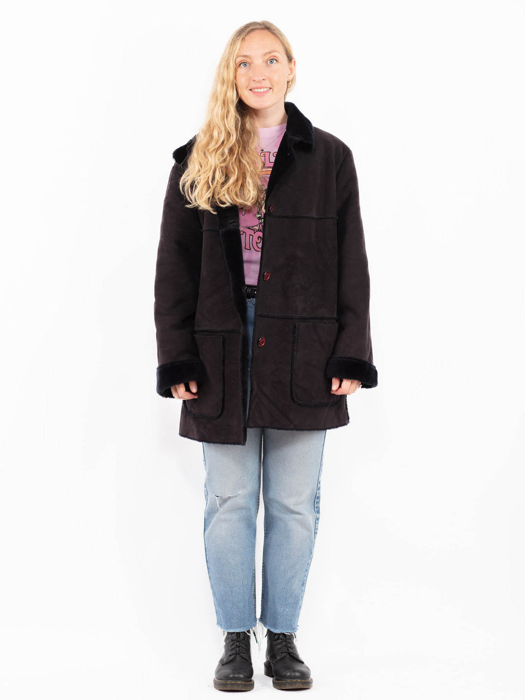 Vintage 90's Women Faux Sheepskin Coat in BlackA0576