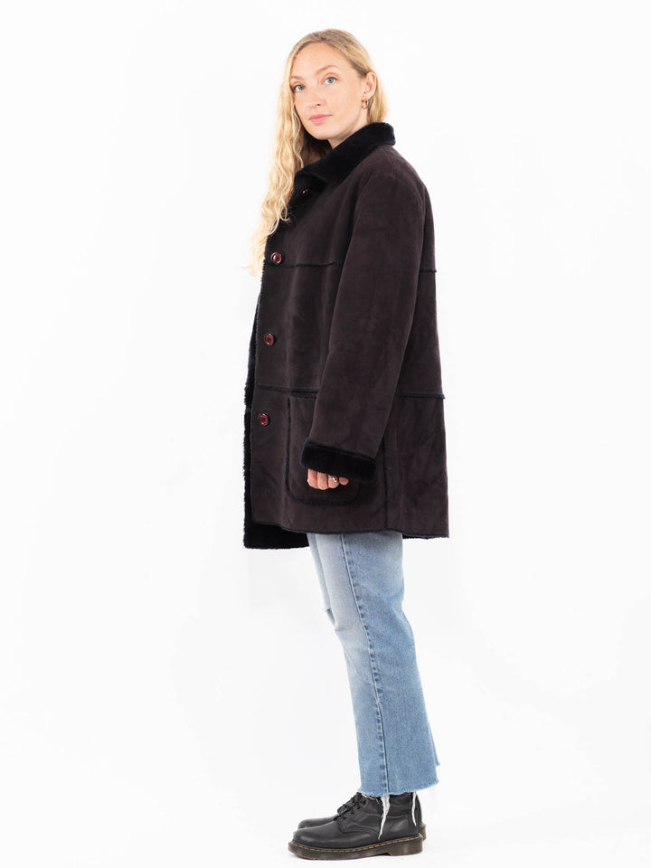 Vintage 90's Women Faux Sheepskin Coat in BlackA0576