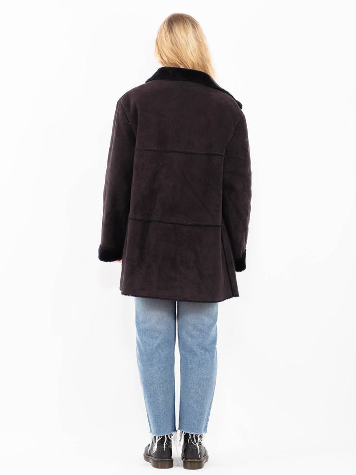Vintage 90's Women Faux Sheepskin Coat in BlackA0576