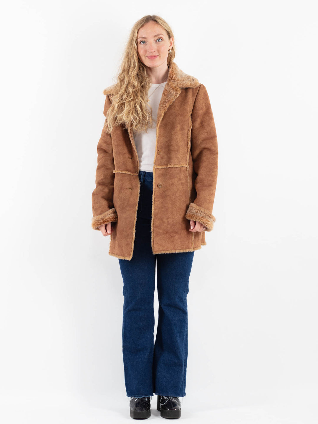 Vintage 90's Women Faux Sheepskin Coat in BrownV9927