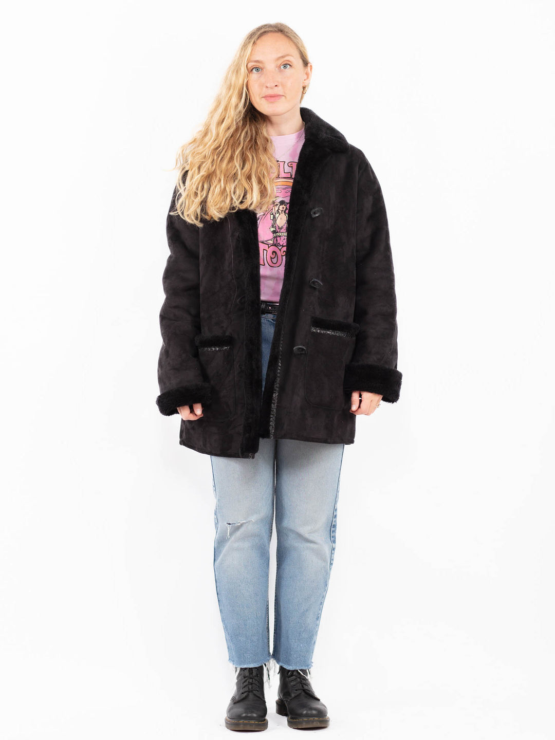 Vintage 90's Women Faux Sheepskin in BlackA0577
