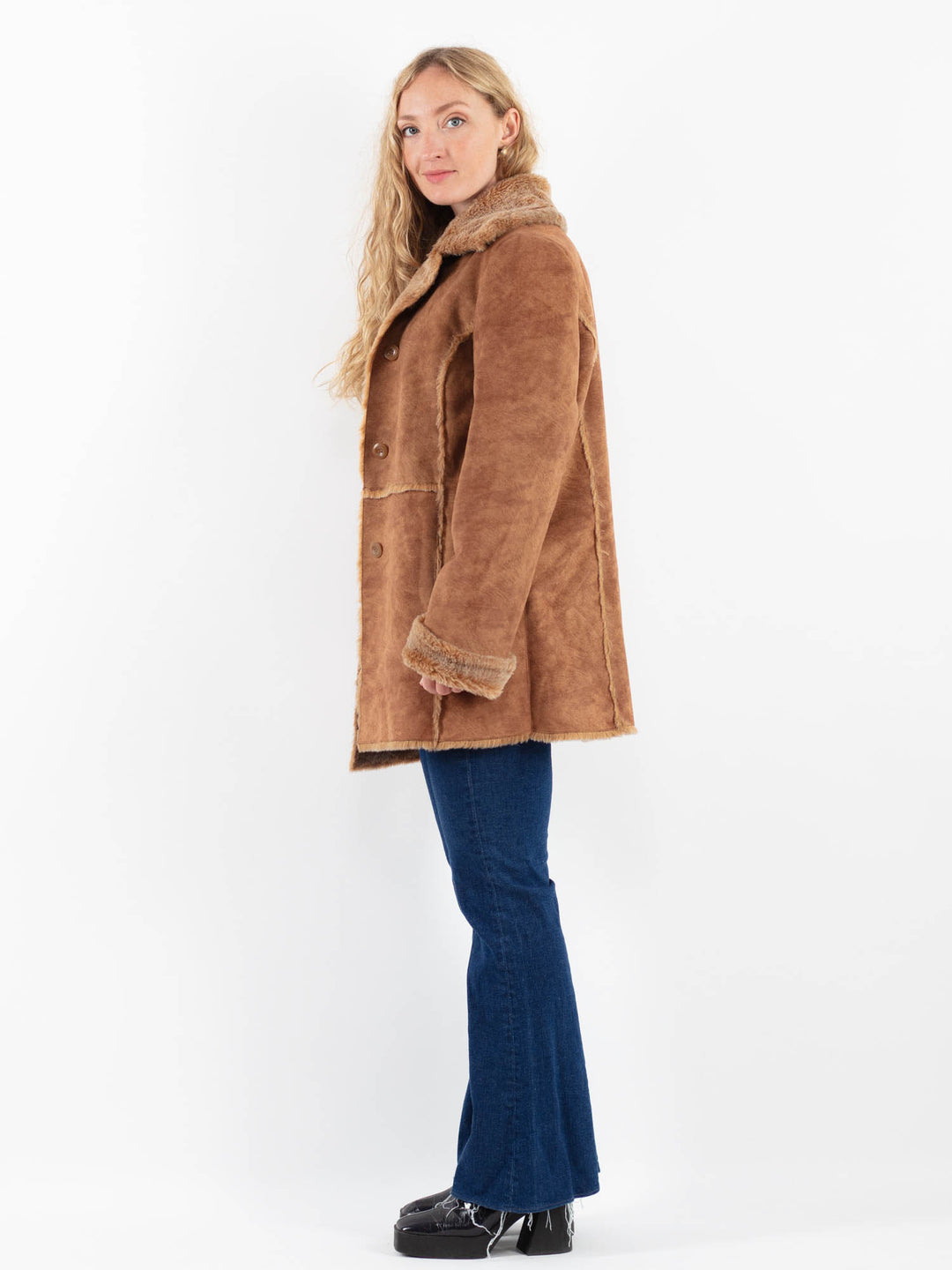 Vintage 90's Women Faux Sheepskin Coat in BrownV9927