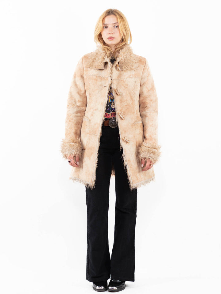 Vintage 90's Women Faux Sheepskin Coat in BeigeA0223
