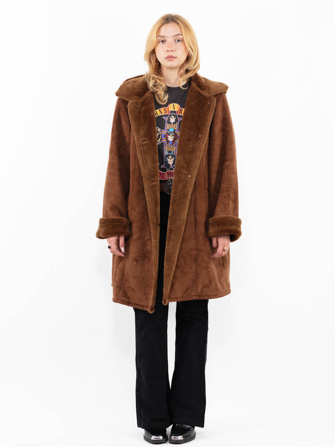 Vintage 90's Women Faux Sheepskin Coat in BrownA0225