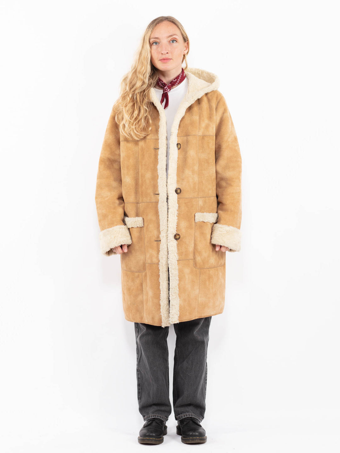 Vintage 90's Women Faux Sheepskin Coat in BeigeA0677
