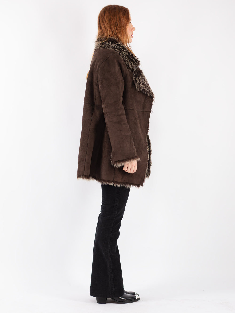 Vintage 90's Women Faux Sheepskin Coat in Brown