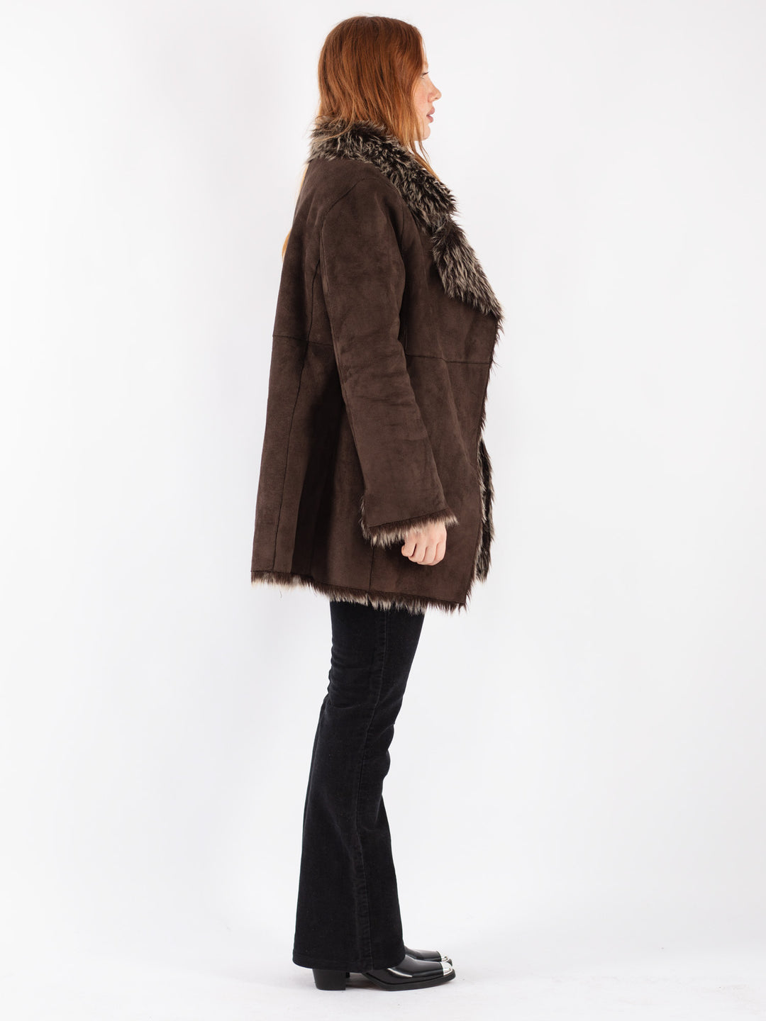 Vintage 90's Women Faux Sheepskin Coat in Brown