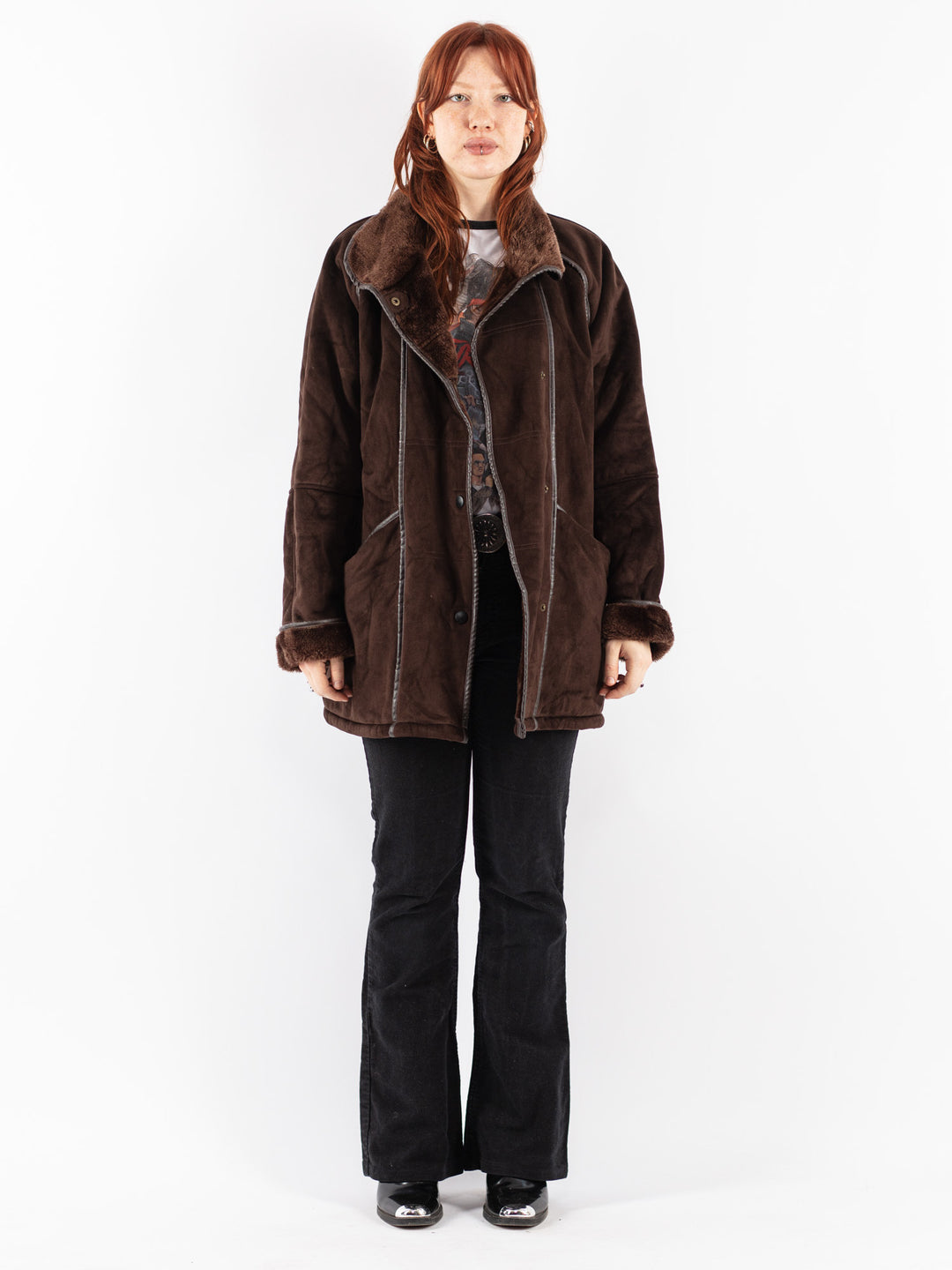 Vintage 90's Women Faux Sheepskin Coat in Brown