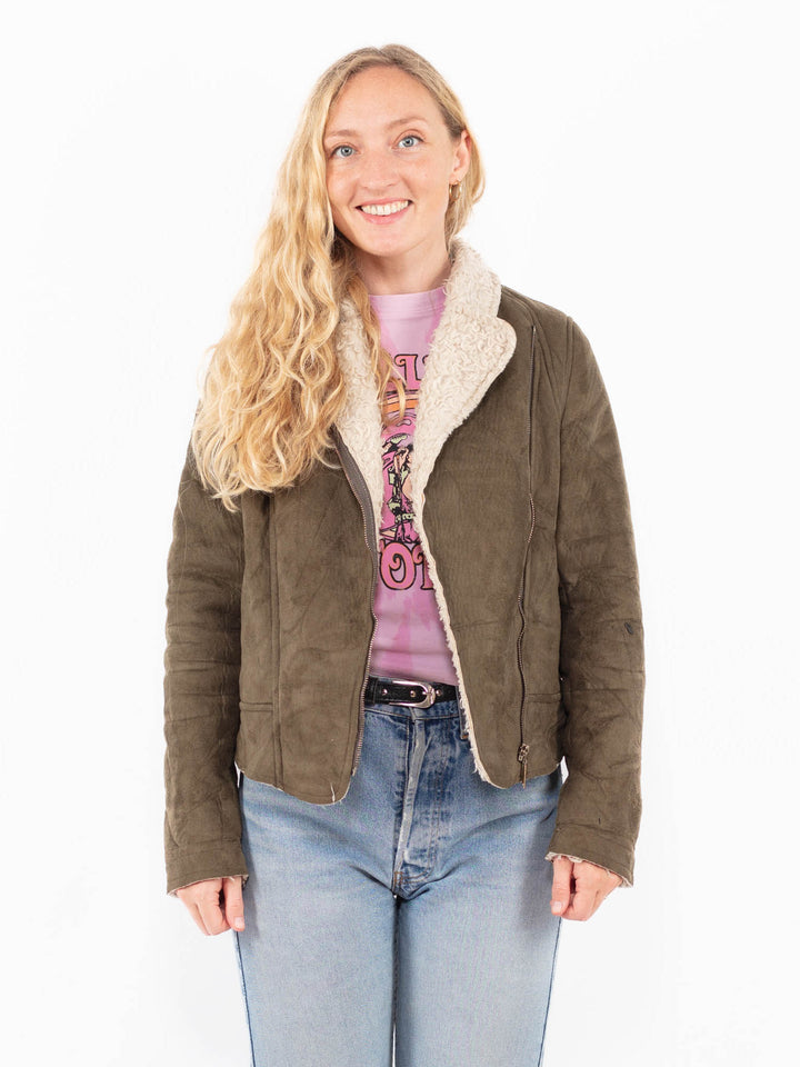 Vintage 90's Women Faux Sheepskin Jacket in GreenA0496