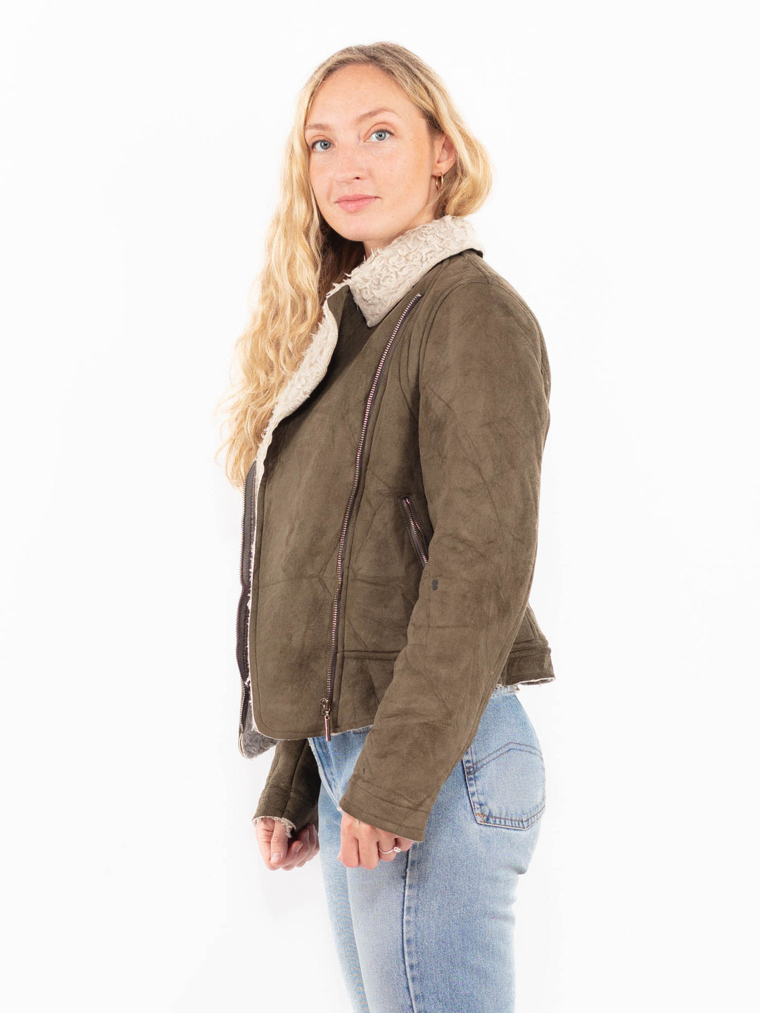 Vintage 90's Women Faux Sheepskin Jacket in GreenA0496