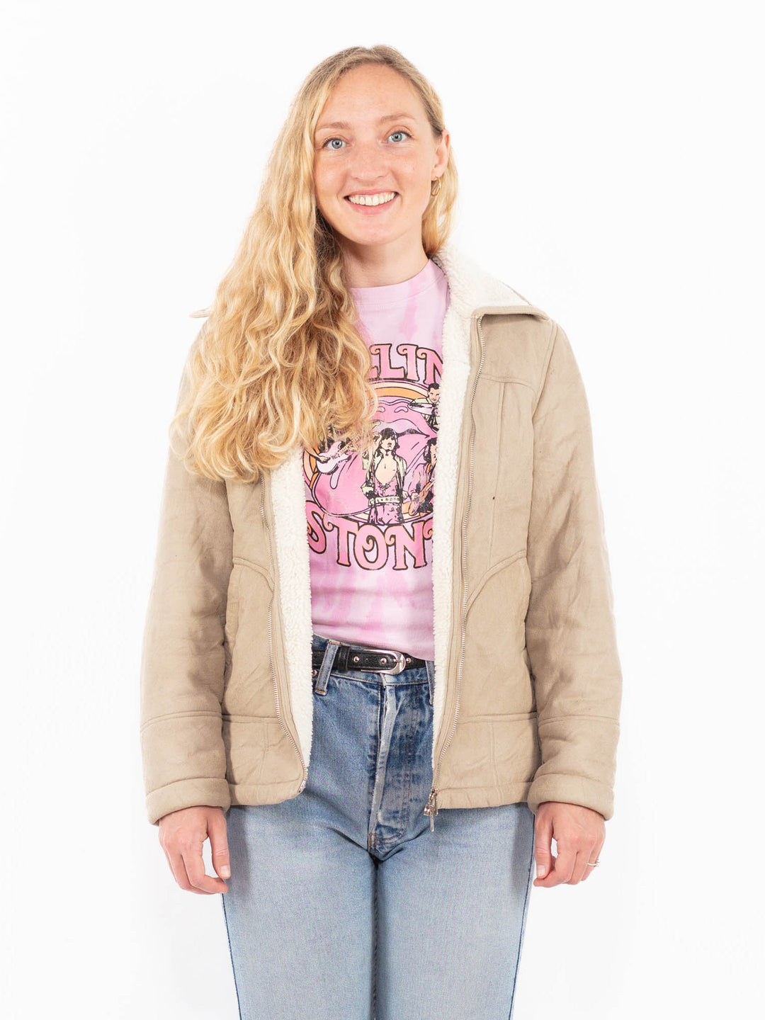 Vintage 90's Women Faux Sheepskin Jacket in BeigeA0498