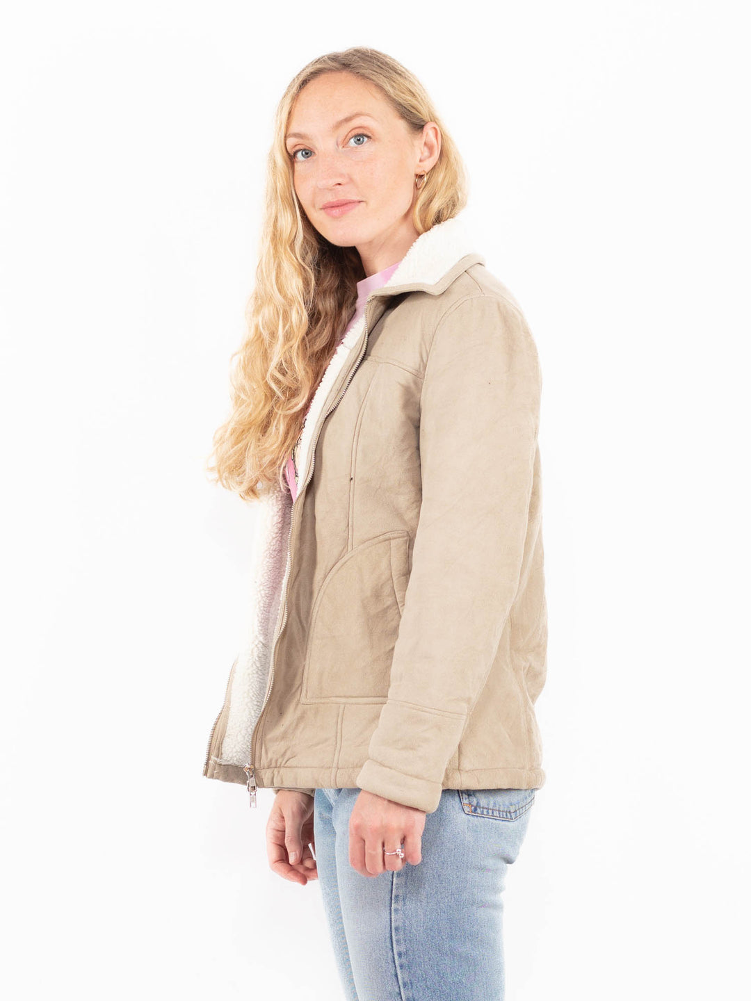 Vintage 90's Women Faux Sheepskin Jacket in BeigeA0498