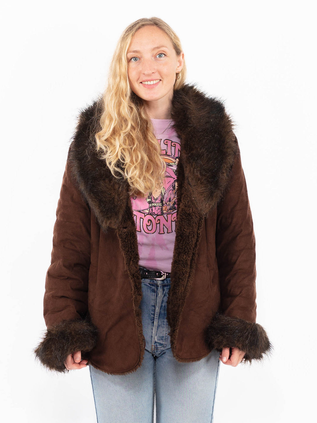 Vintage 90's Women Faux Sheepskin Jacket in BrownA0510