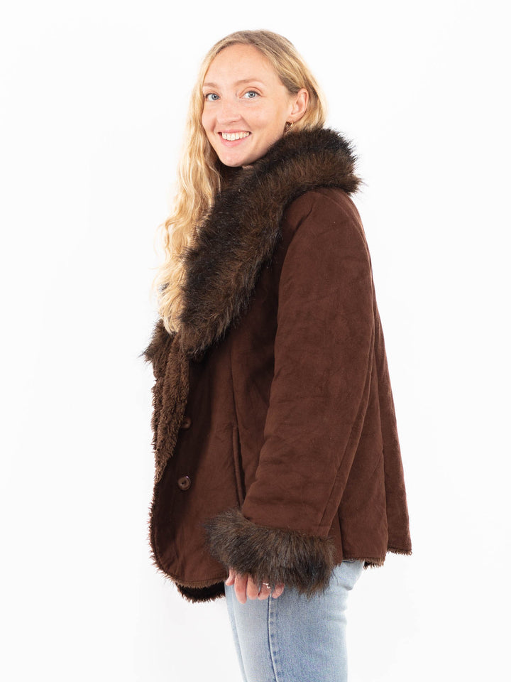 Vintage 90's Women Faux Sheepskin Jacket in BrownA0510
