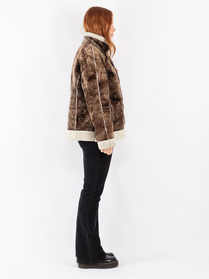 Vintage 90's Women Faux Sheepskin Jacket in Brown