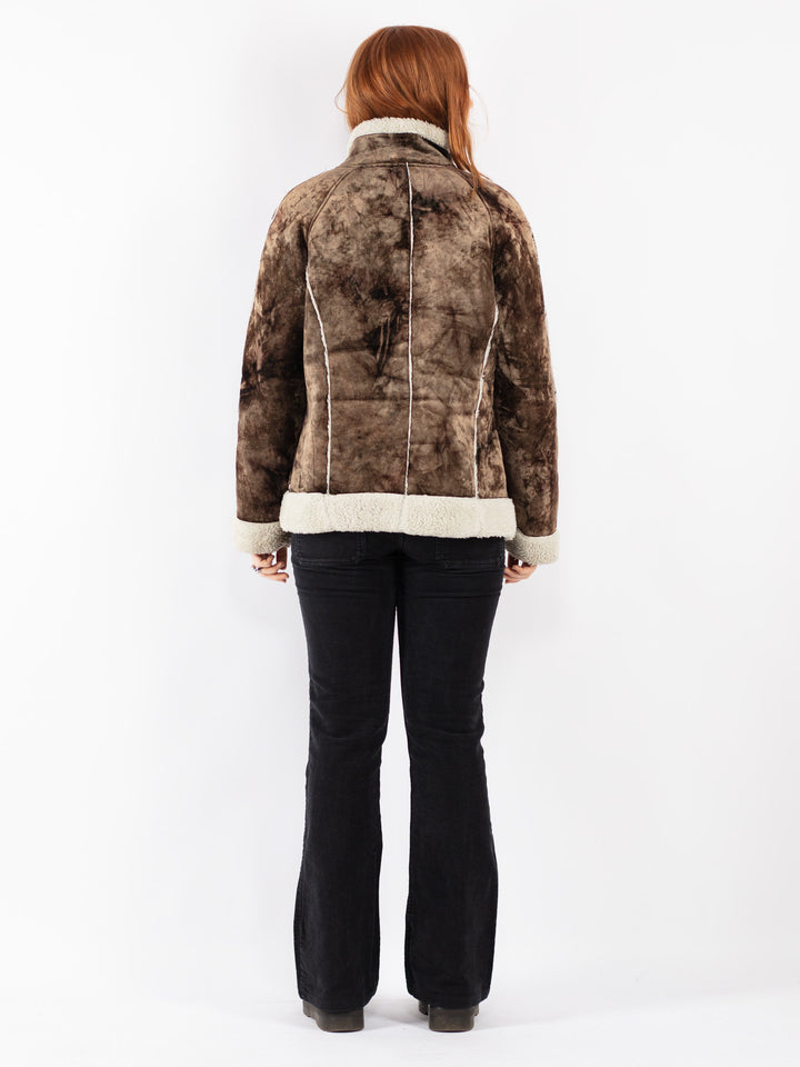 Vintage 90's Women Faux Sheepskin Jacket in Brown