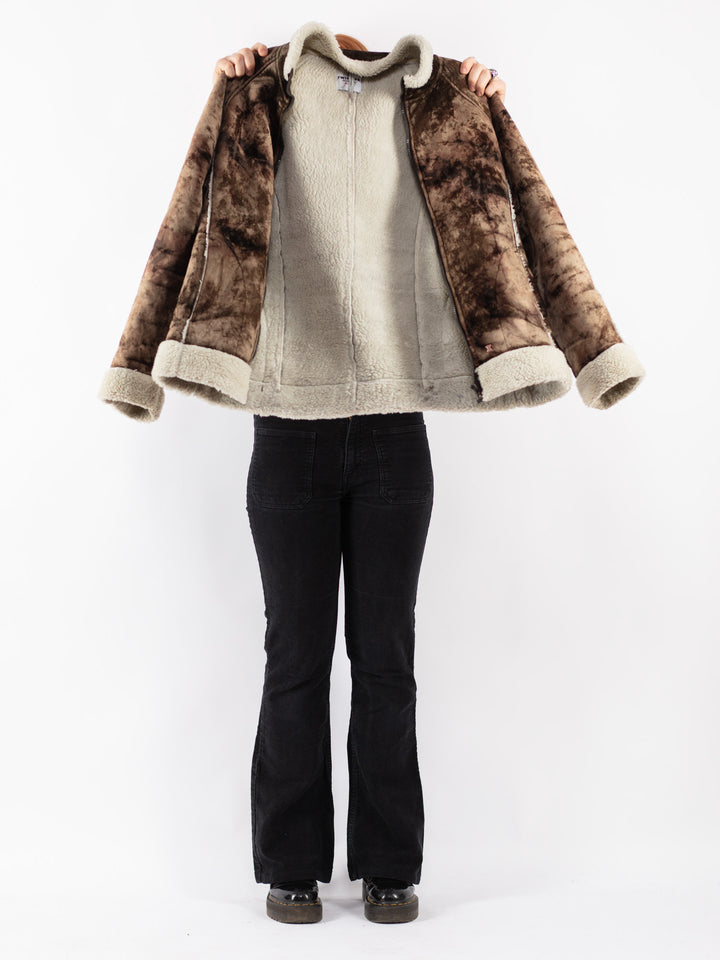 Vintage 90's Women Faux Sheepskin Jacket in Brown