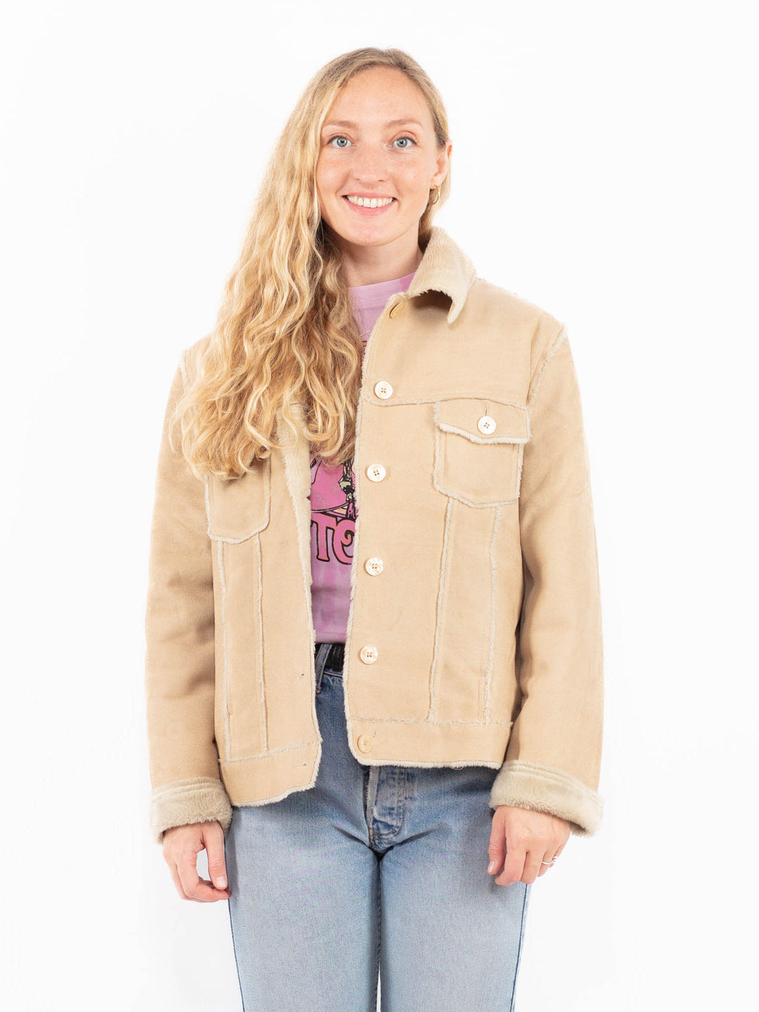 Vintage 90's Women Faux Sheepskin Jacket in BeigeA0557