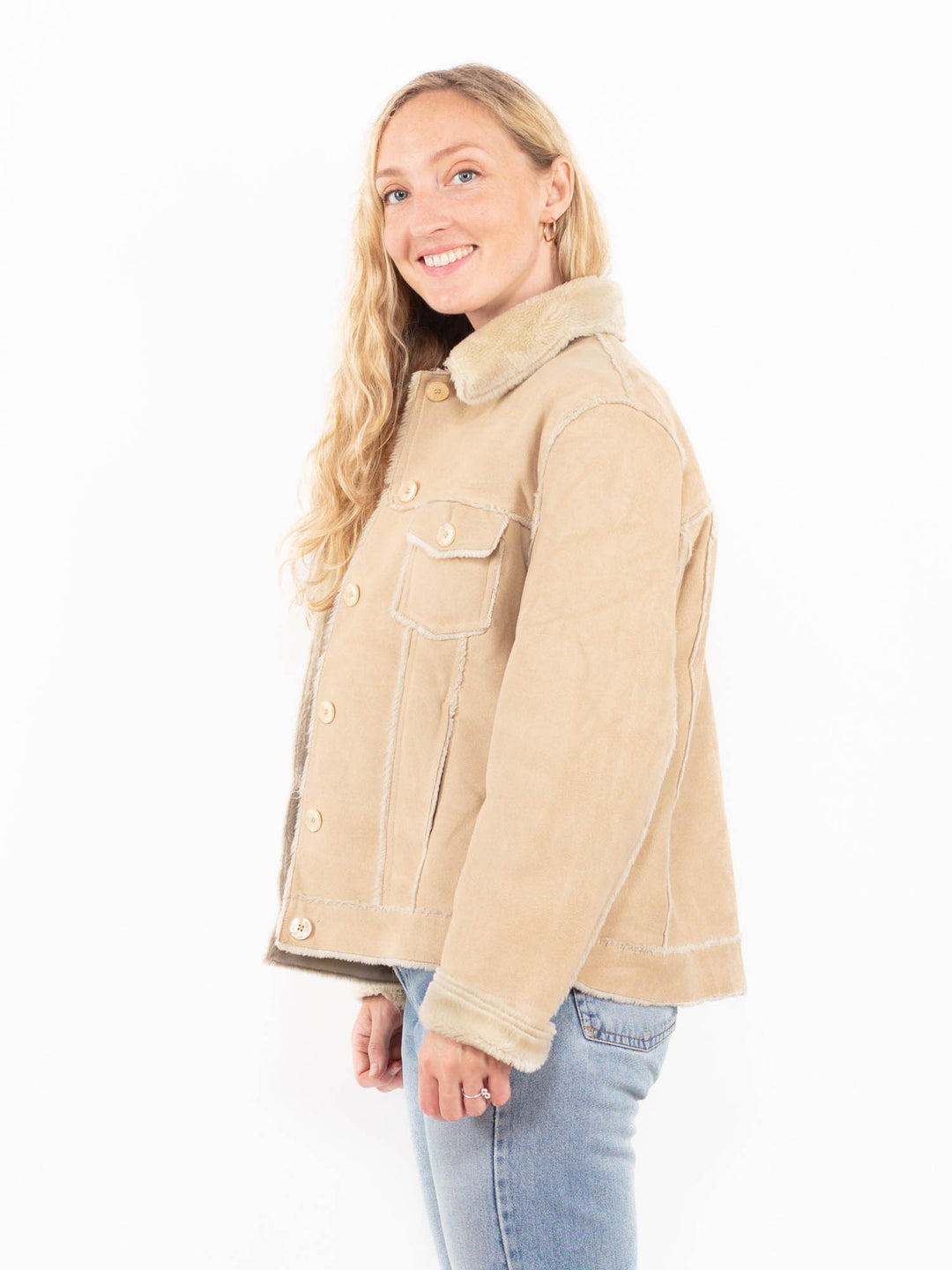 Vintage 90's Women Faux Sheepskin Jacket in BeigeA0557