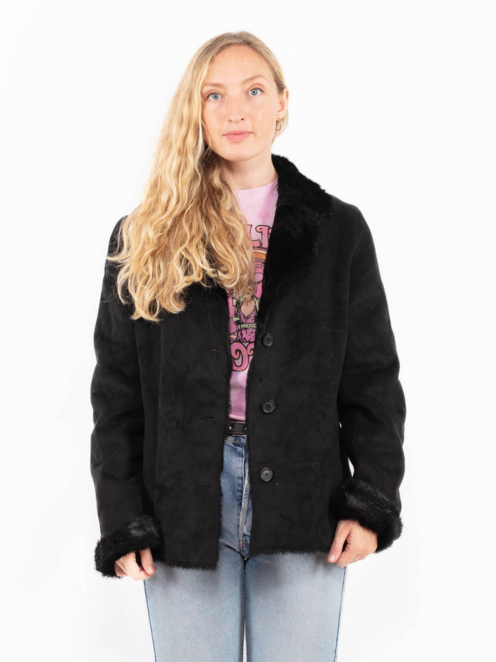 Vintage 90's Women Faux Sheepskin Jacket in BlackA0570