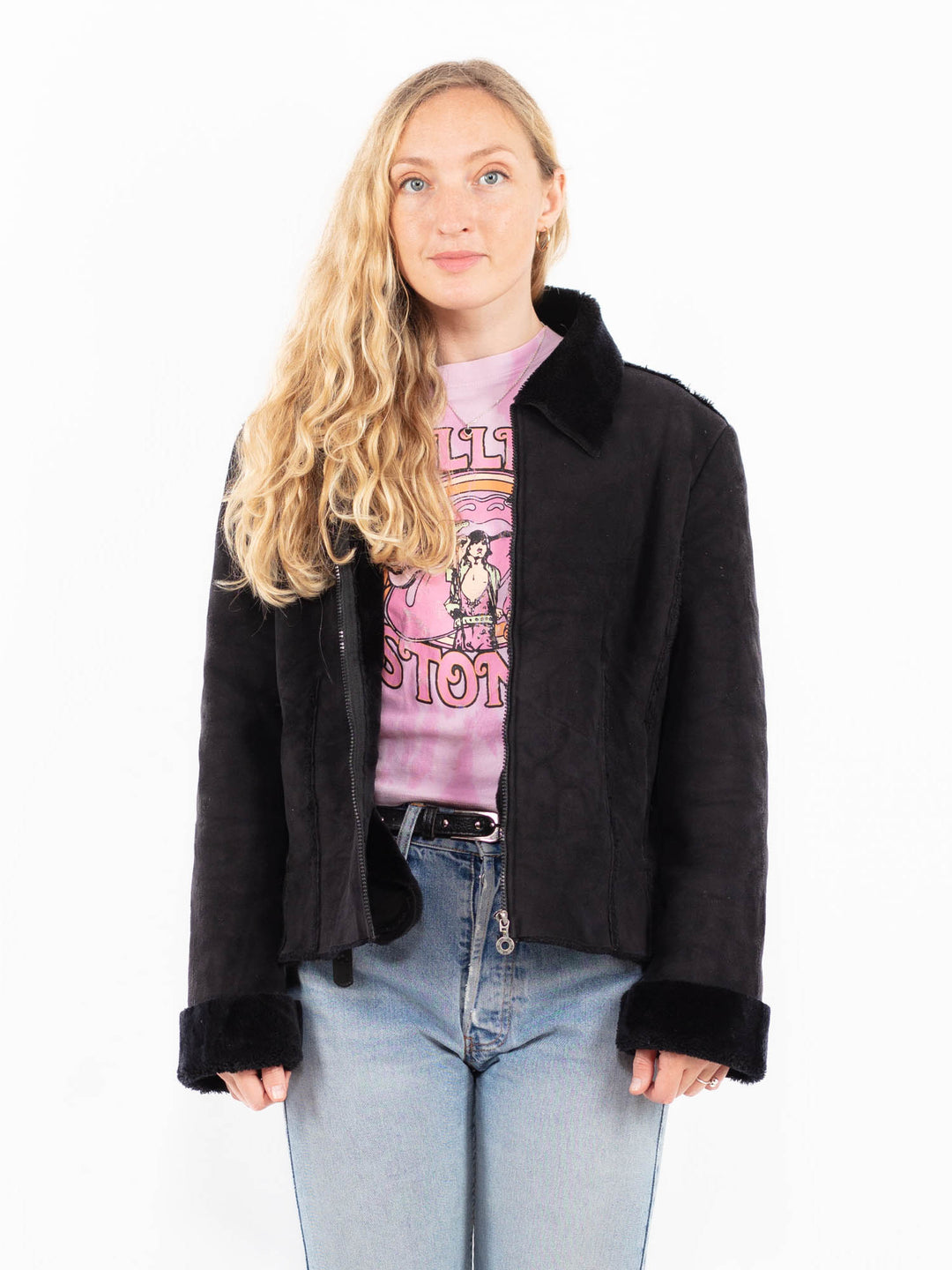 Vintage 90's Women Faux Sheepskin Jacket in BlackA0579