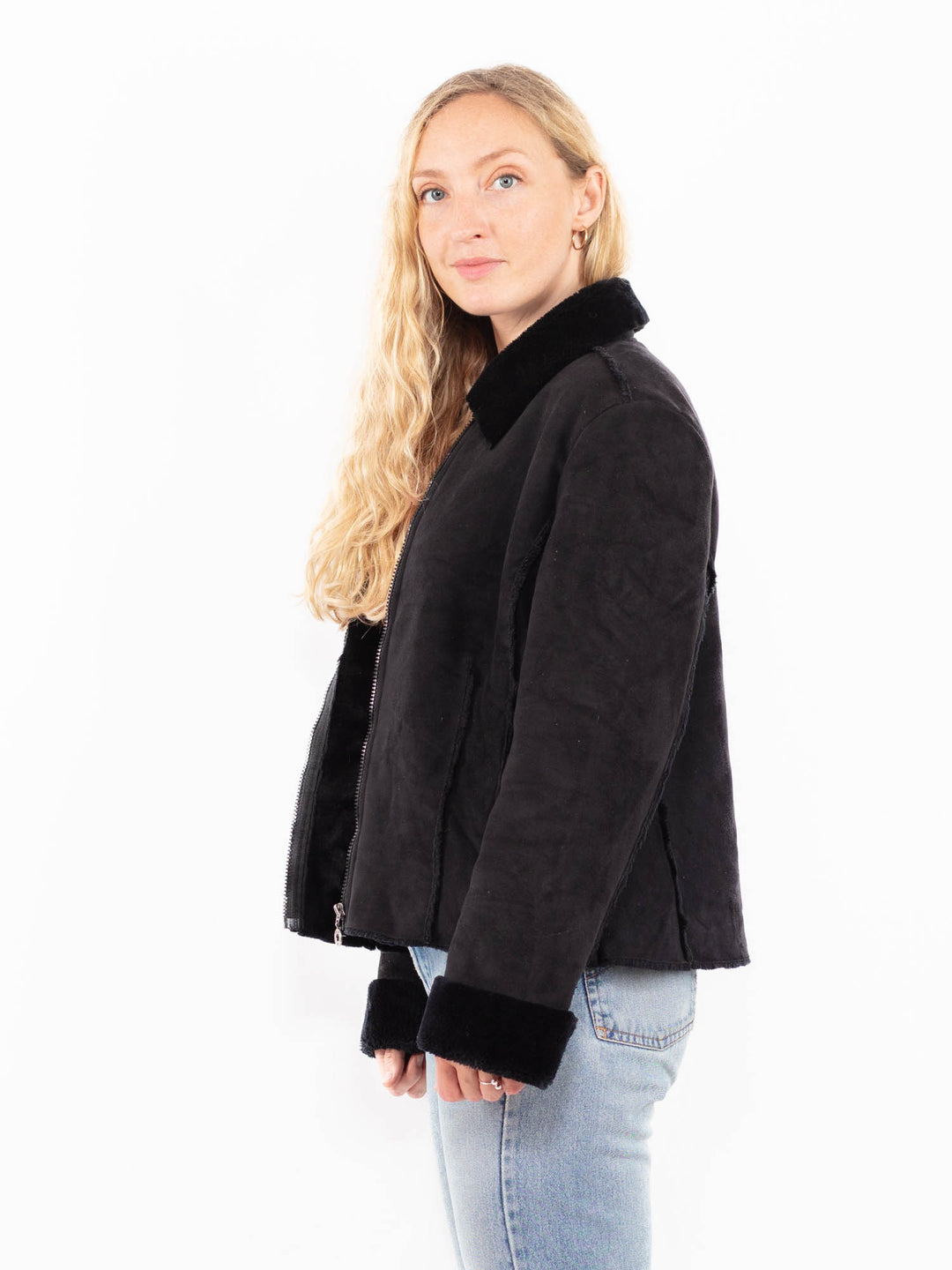 Vintage 90's Women Faux Sheepskin Jacket in BlackA0579