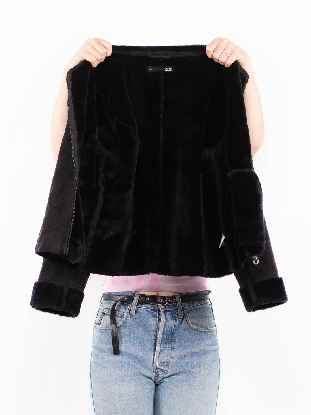 Vintage 90's Women Faux Sheepskin Jacket in BlackA0579