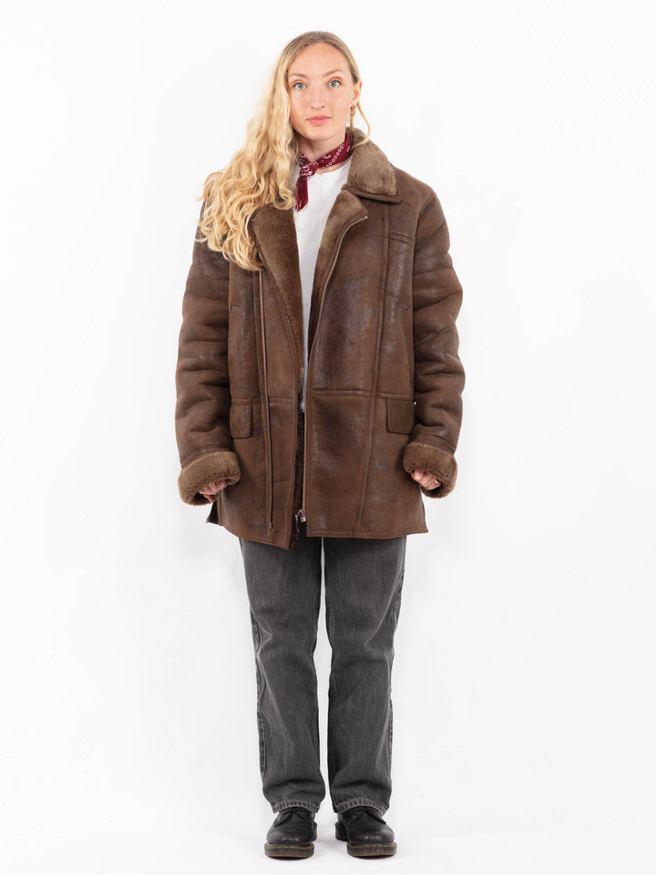 Vintage 90's Women Faux Sheepskin Coat in BrownA0676