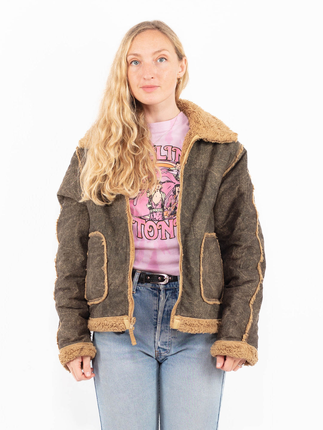 Vintage 90's Women Faux Sheepskin Jacket in BrownA0584