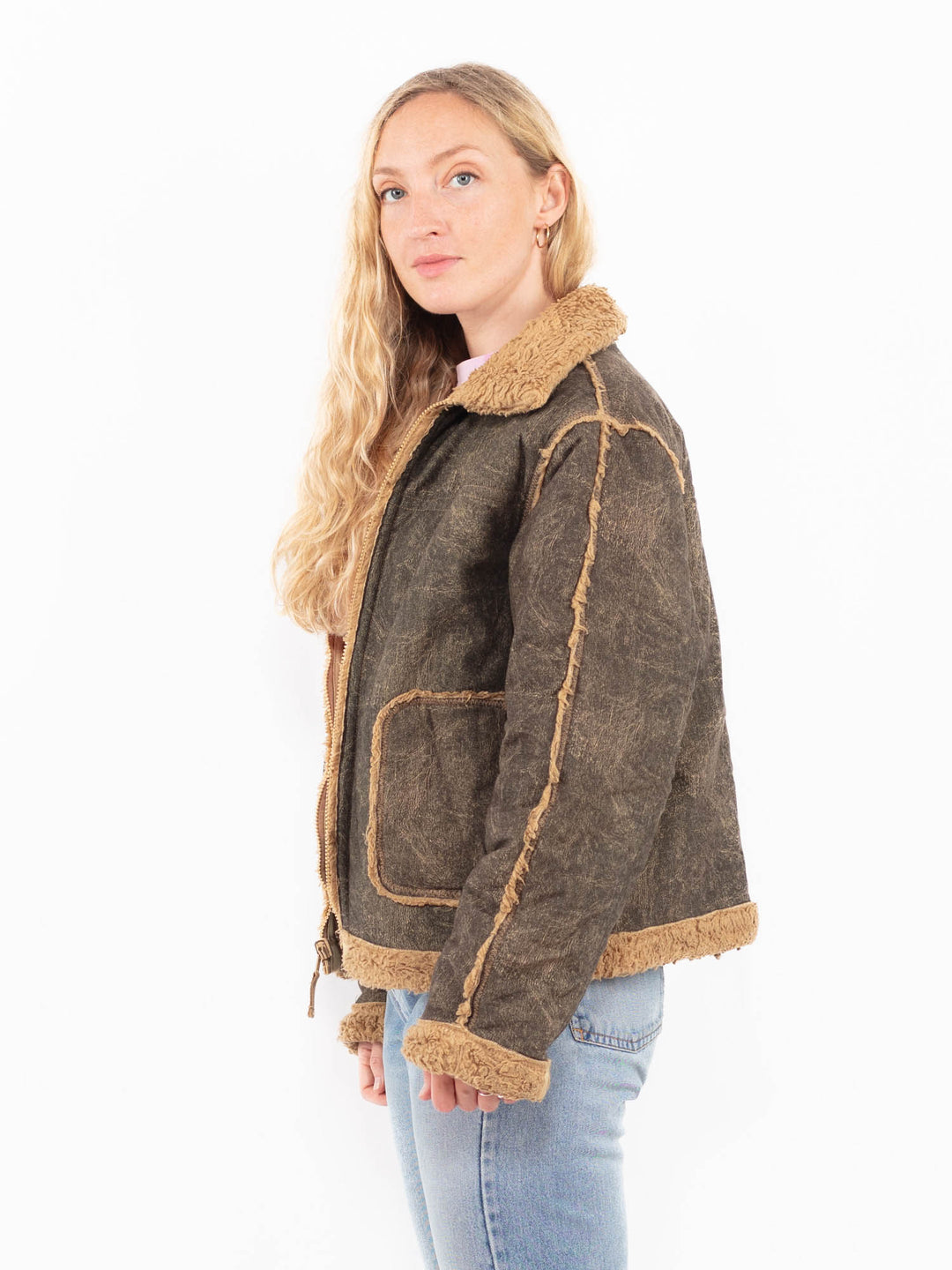Vintage 90's Women Faux Sheepskin Jacket in BrownA0584