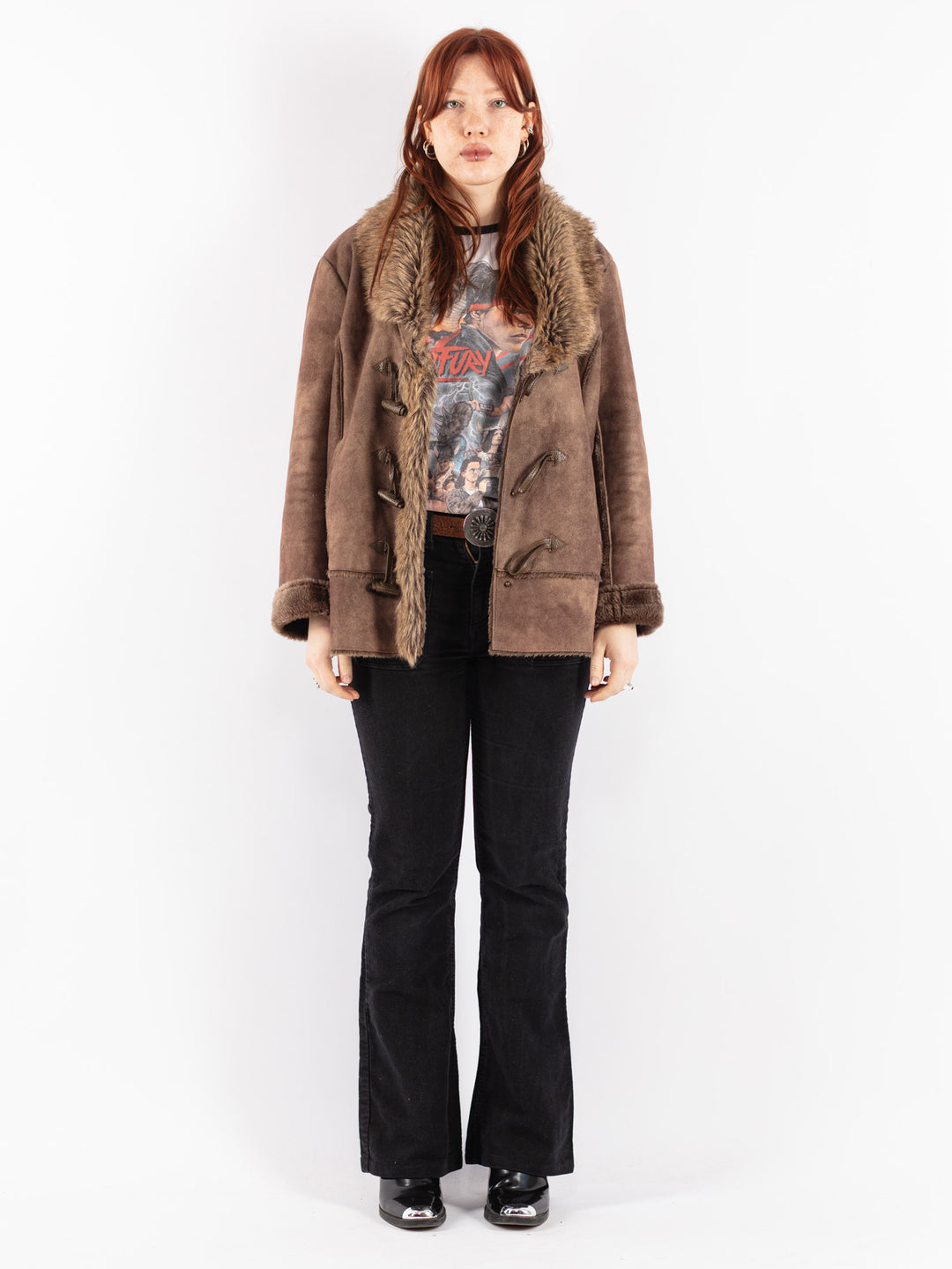 Vintage 90's Women Faux Sheepskin Jacket in Brown