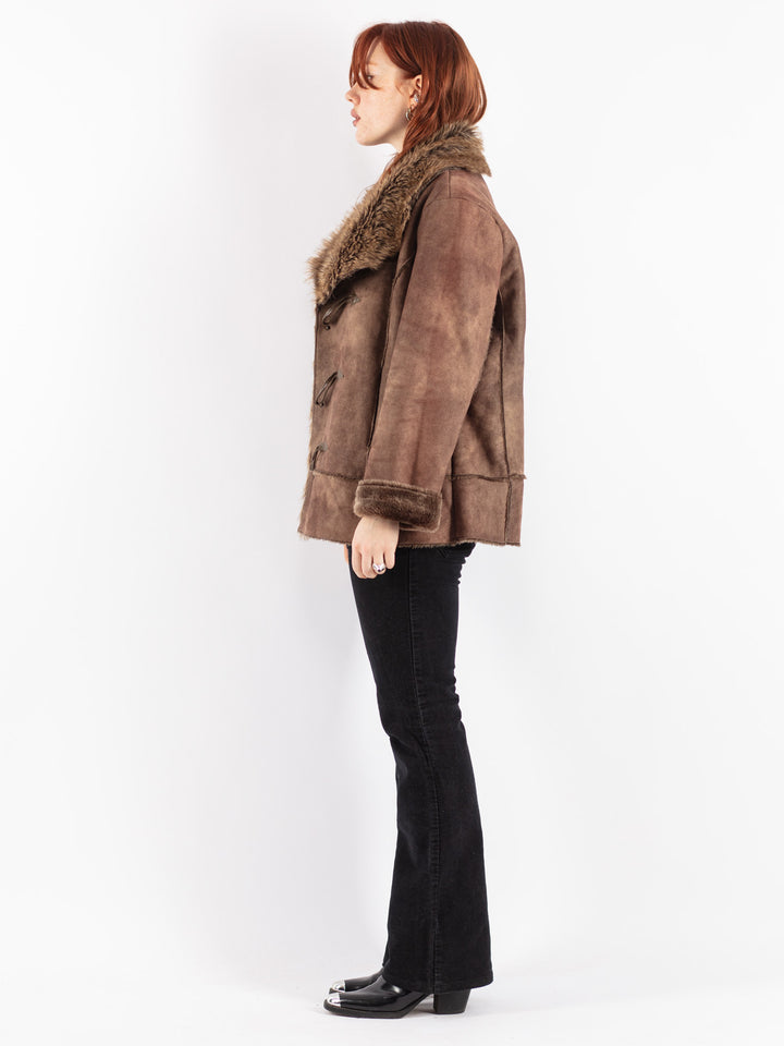 Vintage 90's Women Faux Sheepskin Jacket in Brown