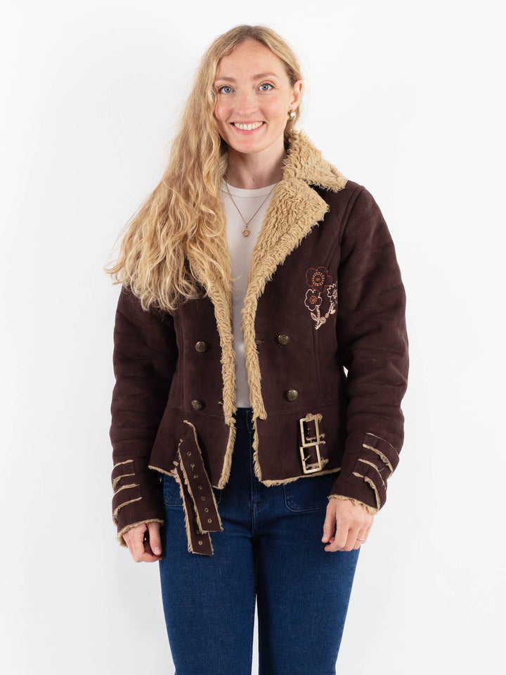 Vintage 90's Women Faux Sheepskin Jacket in BrownV9936