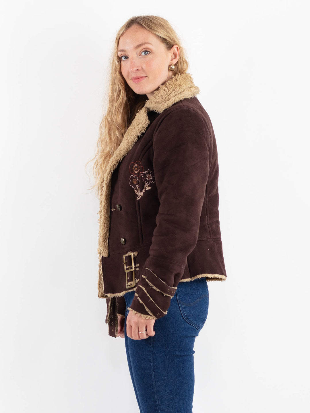 Vintage 90's Women Faux Sheepskin Jacket in BrownV9936