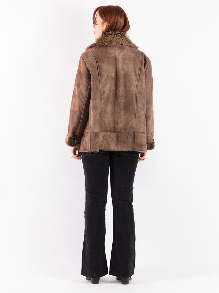 Vintage 90's Women Faux Sheepskin Jacket in Brown