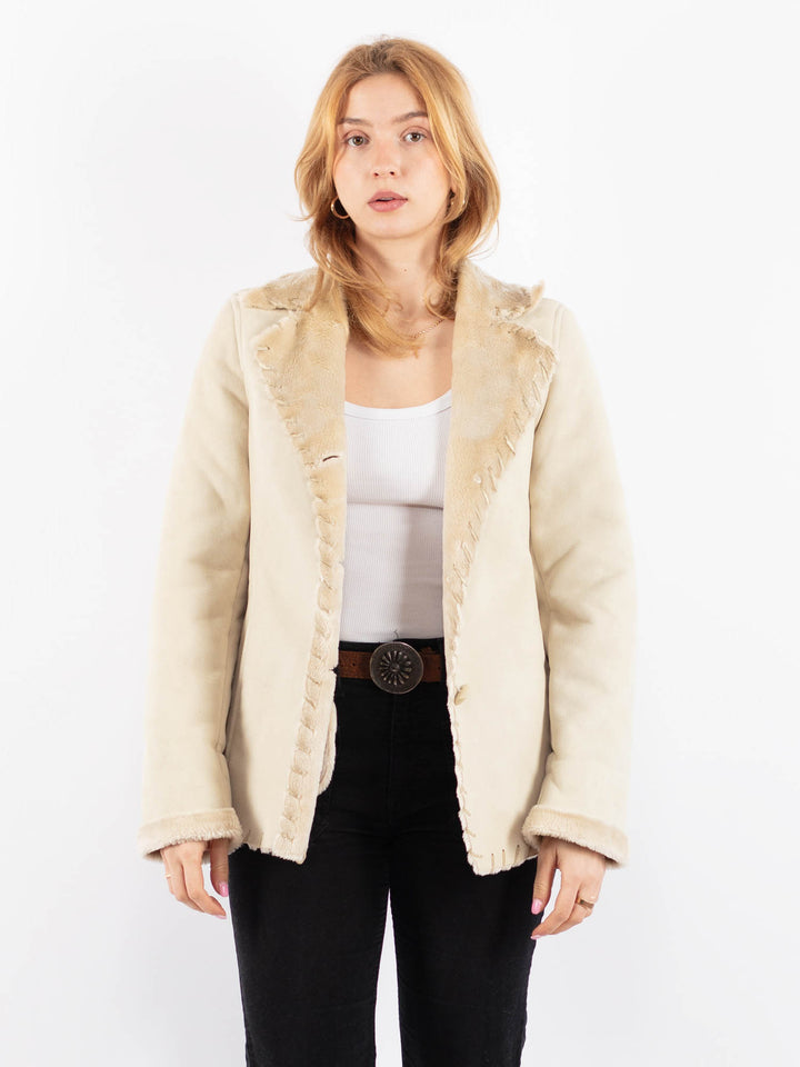 Vintage Women Faux Sheepskin Jacket in BeigeV9737