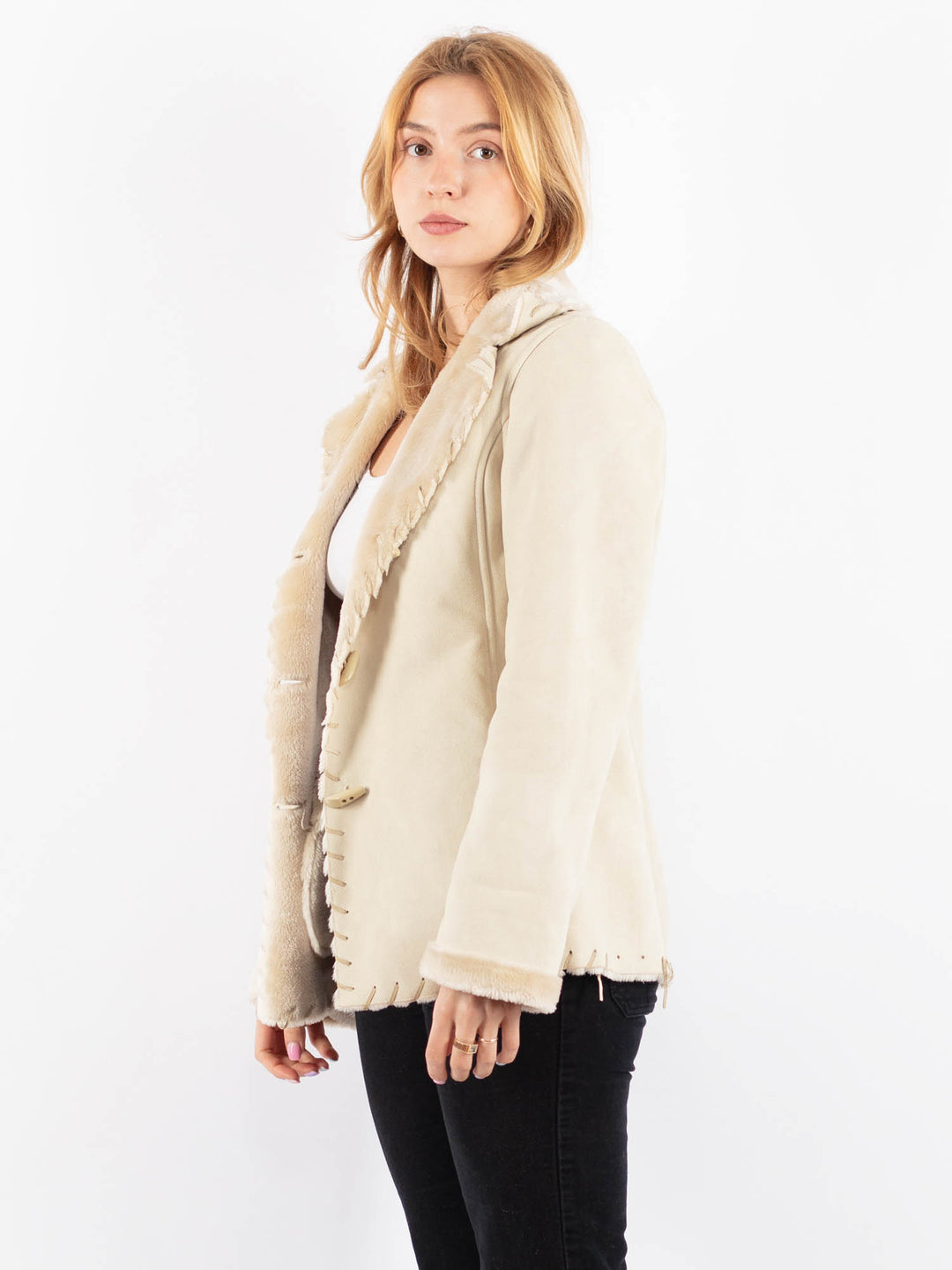 Vintage Women Faux Sheepskin Jacket in BeigeV9737