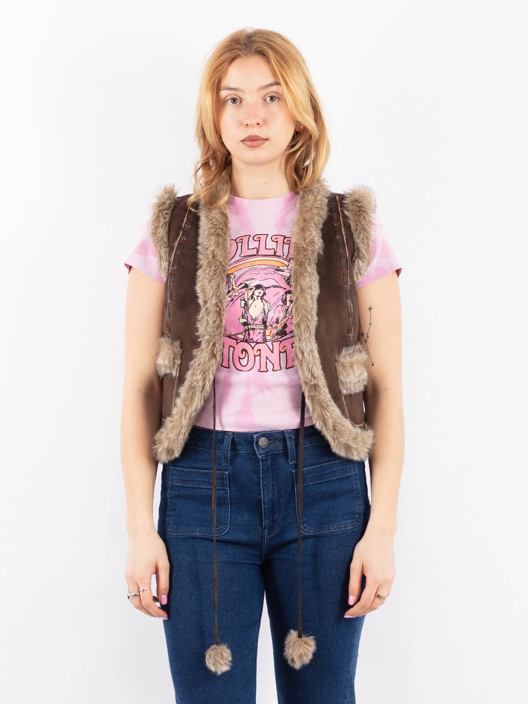 Vintage 90's Women Faux Sheepskin Vest in BrownV9633