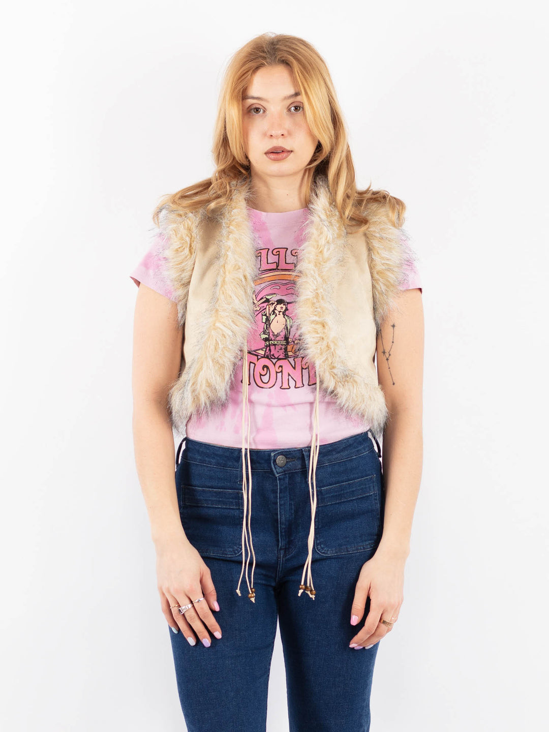 Vintage 90's Women Faux Sheepskin Vest in BeigeV9634