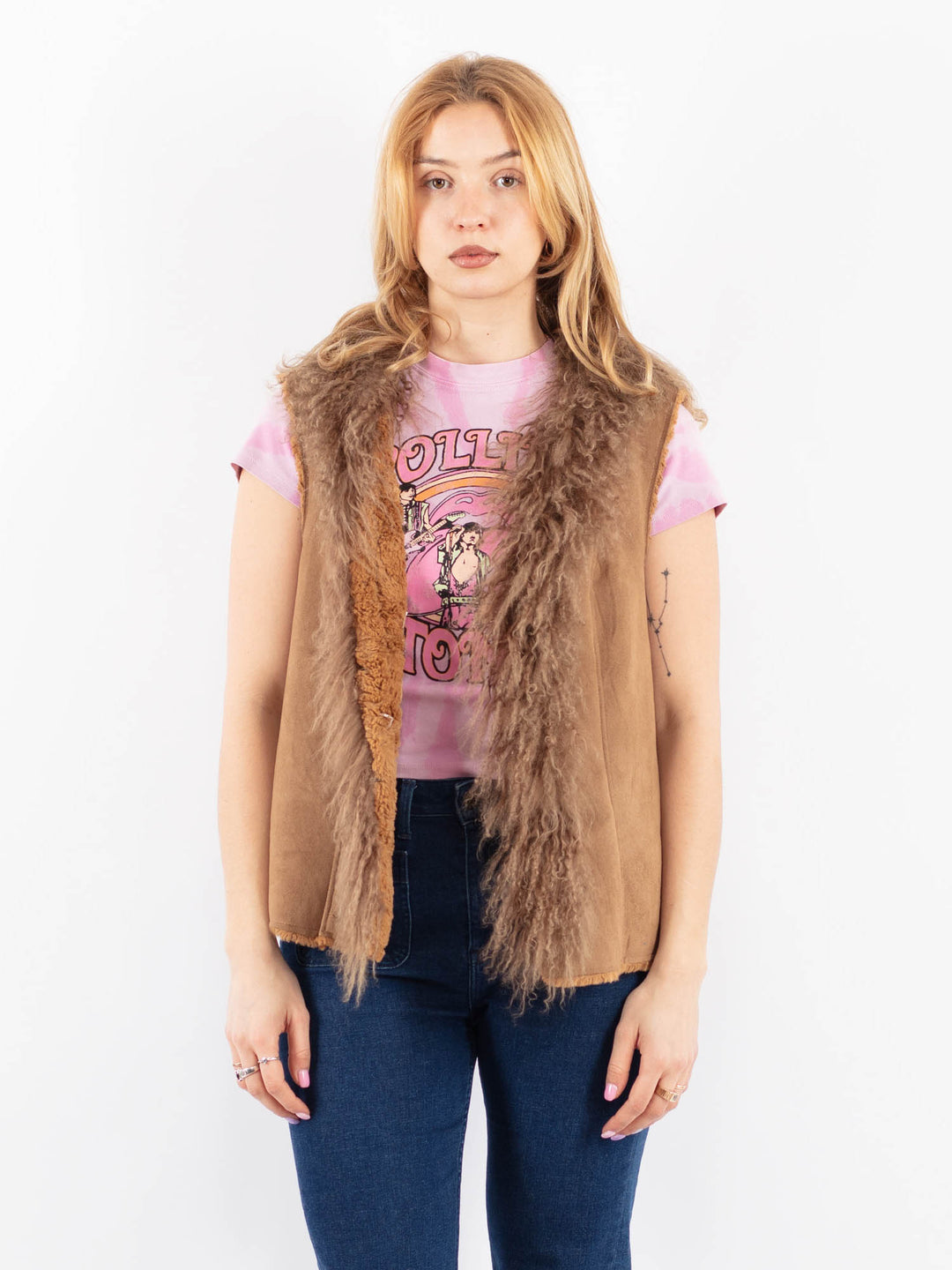Vintage 90's Women Faux Sheepskin Vest in BrownV9637