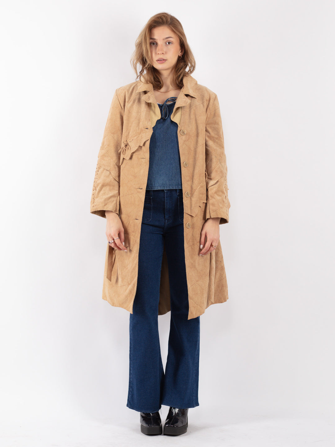 Vintage 90's Women Suede Coat in Beige