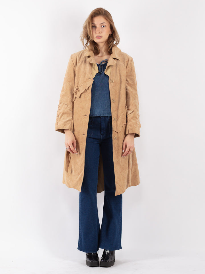 Vintage 90's Women Suede Coat in Beige
