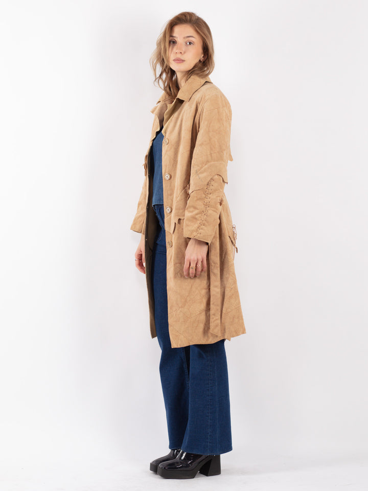 Vintage 90's Women Suede Coat in Beige