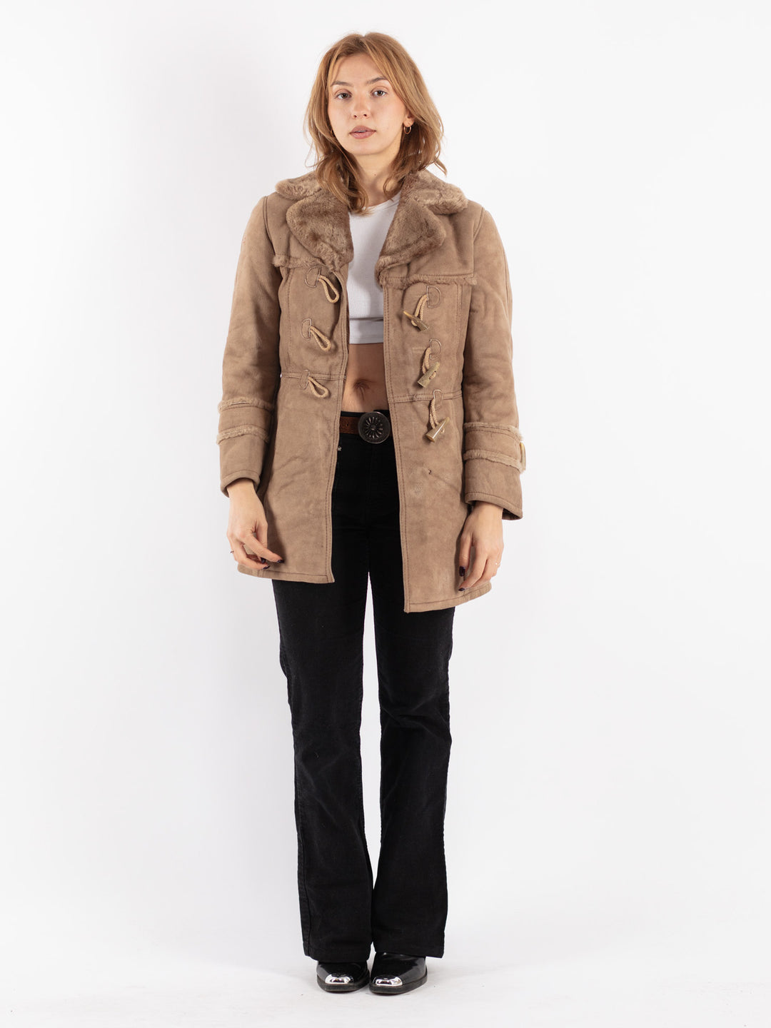 Vintage 90's Women Sheepskin Coat in Beige