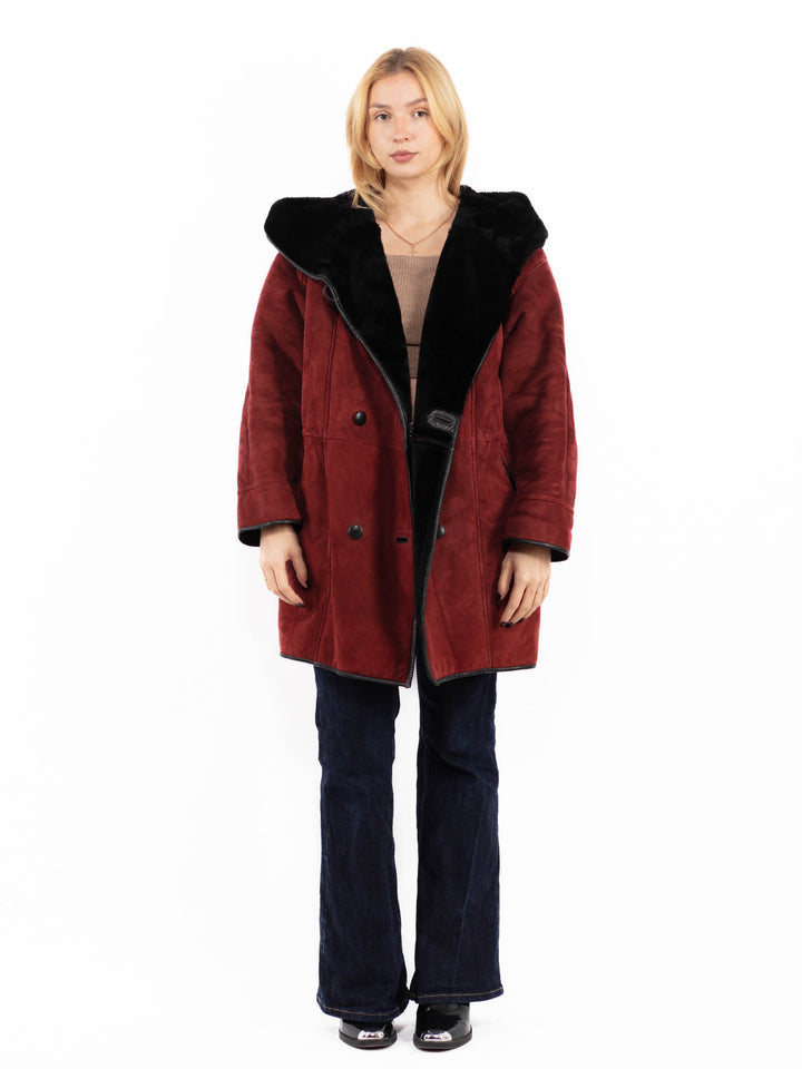 Vintage 90's Women Hooded Sheepskin Coat in Red