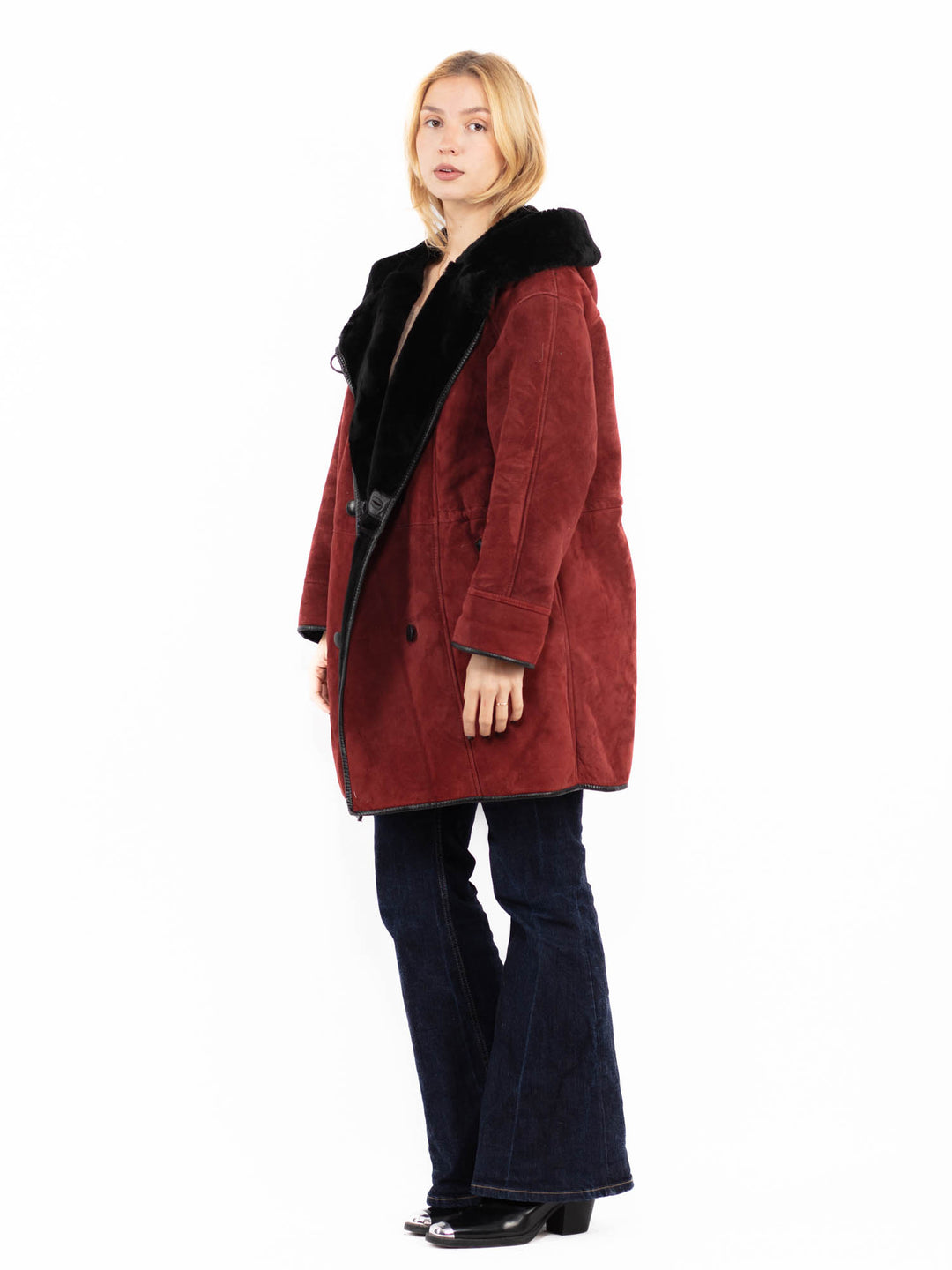 Vintage 90's Women Hooded Sheepskin Coat in Red
