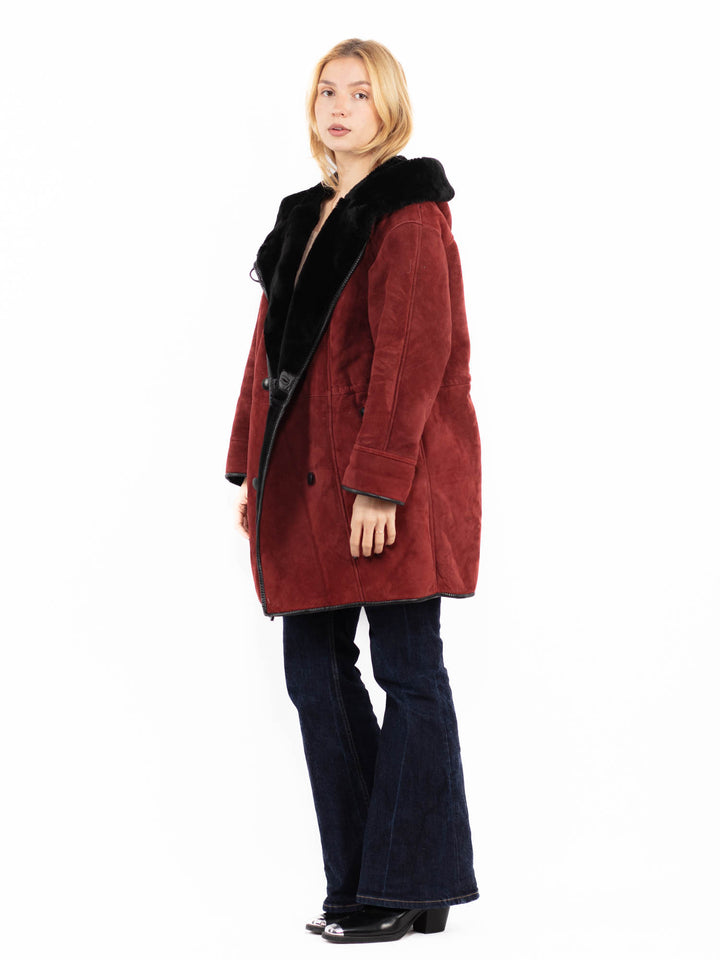 Vintage 90's Women Hooded Sheepskin Coat in Red