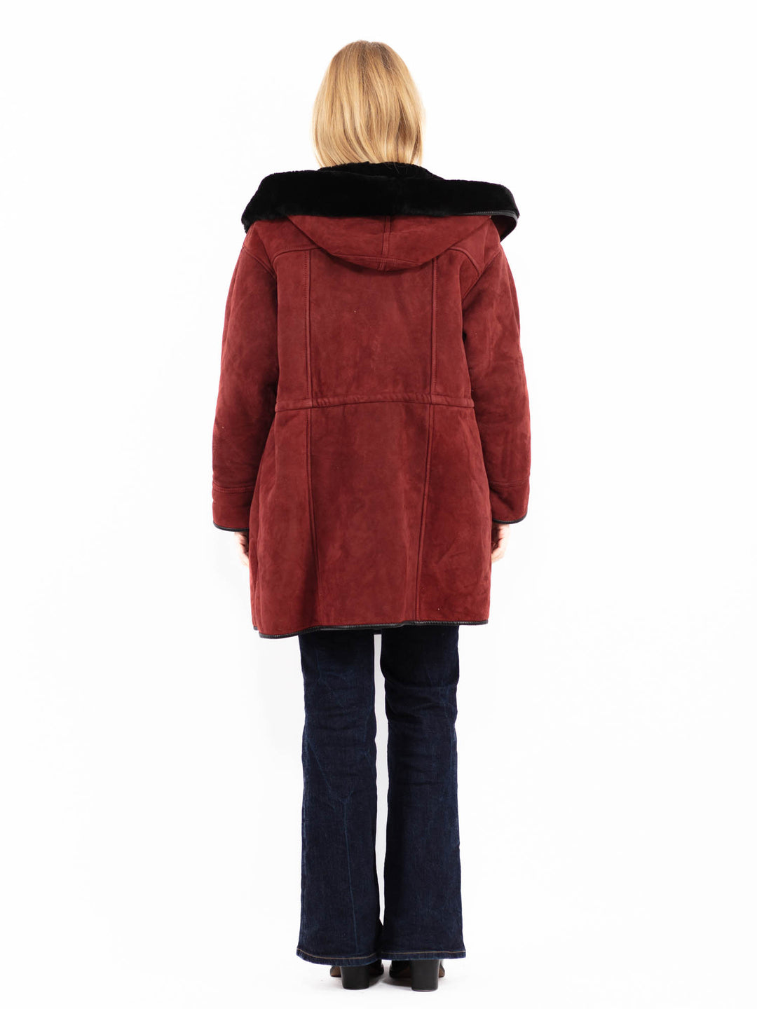 Vintage 90's Women Hooded Sheepskin Coat in Red